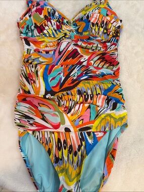 🌺 Bleu Rod Beattie One-Piece Swimsuit Size 8 Colorful Abstract Print Tummy Cntrl